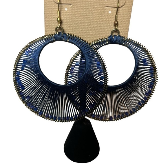 Large Blue Circular Hoop Blue Crystal Beads Woven Inside String Pierced Earrings - Picture 2 of 12